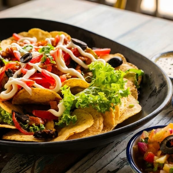 A large platter of nachos with cheese, tomatoes, olives, lettuce, and sour cream, with dips.