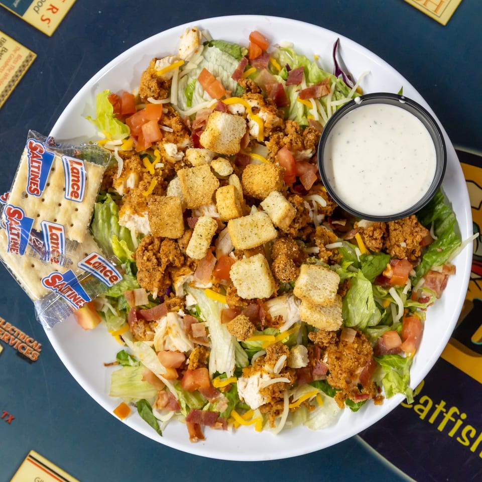 Club Salad with crispy chicken and croutons.