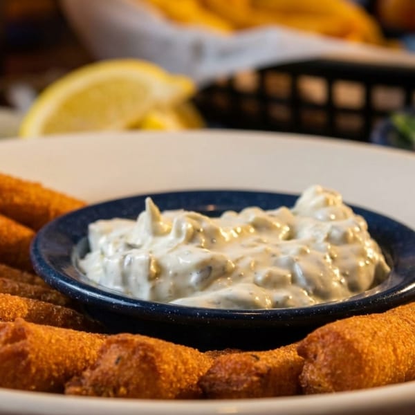 Golden-brown fried mozzarella sticks arranged around a small blue bowl of creamy dipping sauce.
