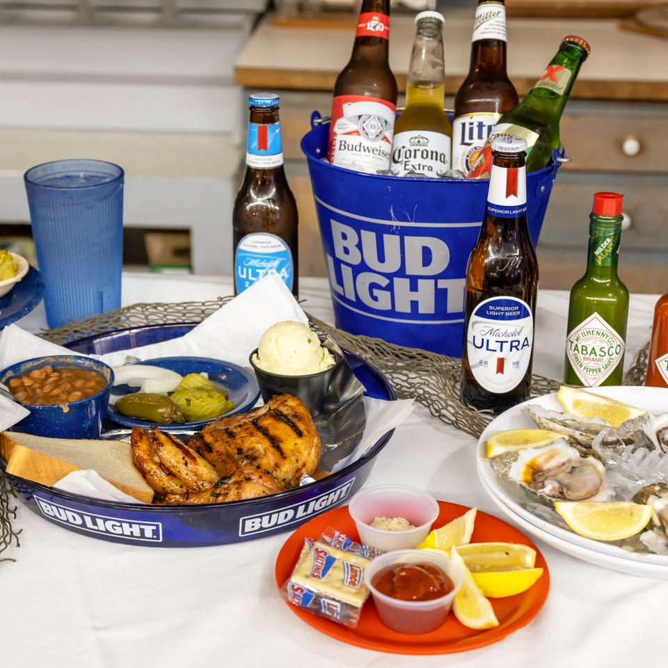 Grilled chicken, oysters, and cold beers.